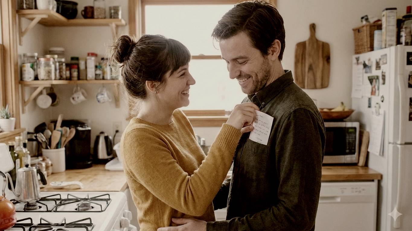 
A candid shot of a happy couple in a sunlit kitchen. The woman is smiling affectionately while sticking a handwritten note onto her partner's shirt by Gemini
