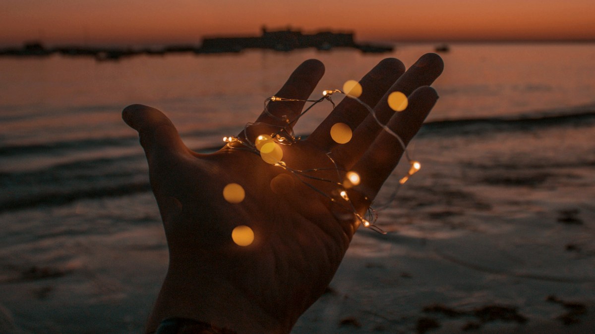 
a hand holding string lights
