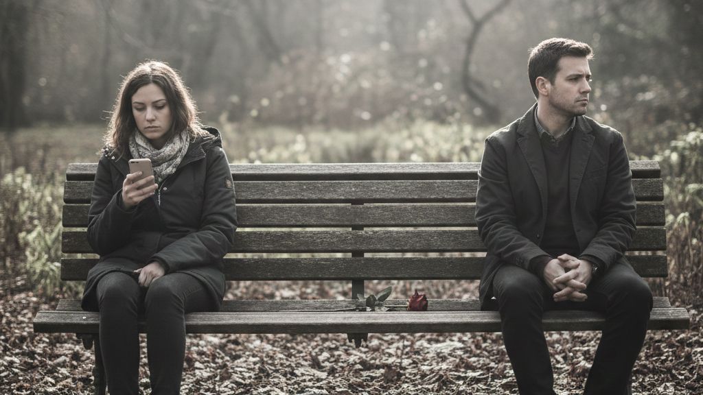 
A man and woman sitting far apart on a bench avoiding eye contact, displaying tense body language and silence that illustrates unresolved relationship conflict by Gemini
