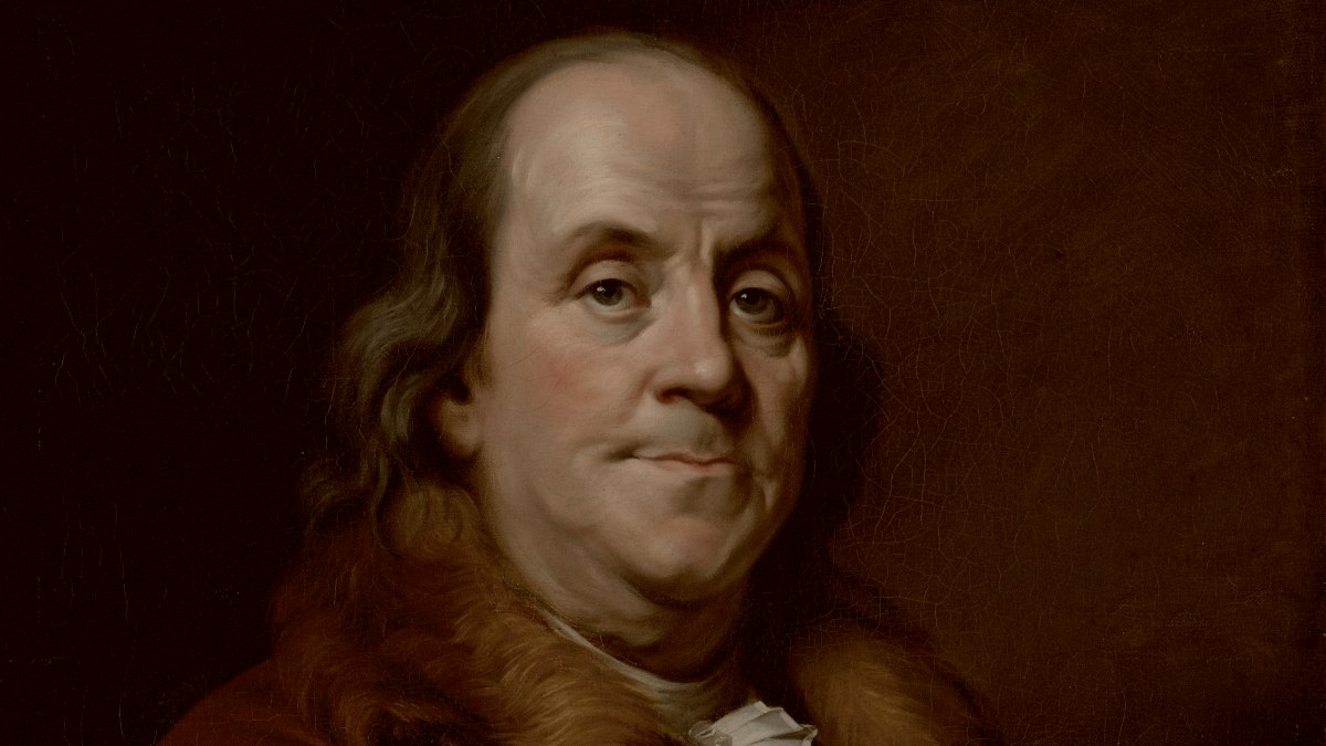 
a painting of Benjamin Franklin in a red coat by Boston Public Library
