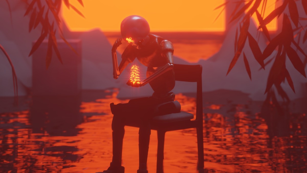 
a robot sitting in the middle of an artificial sunset showcasing its mind reading abilities
