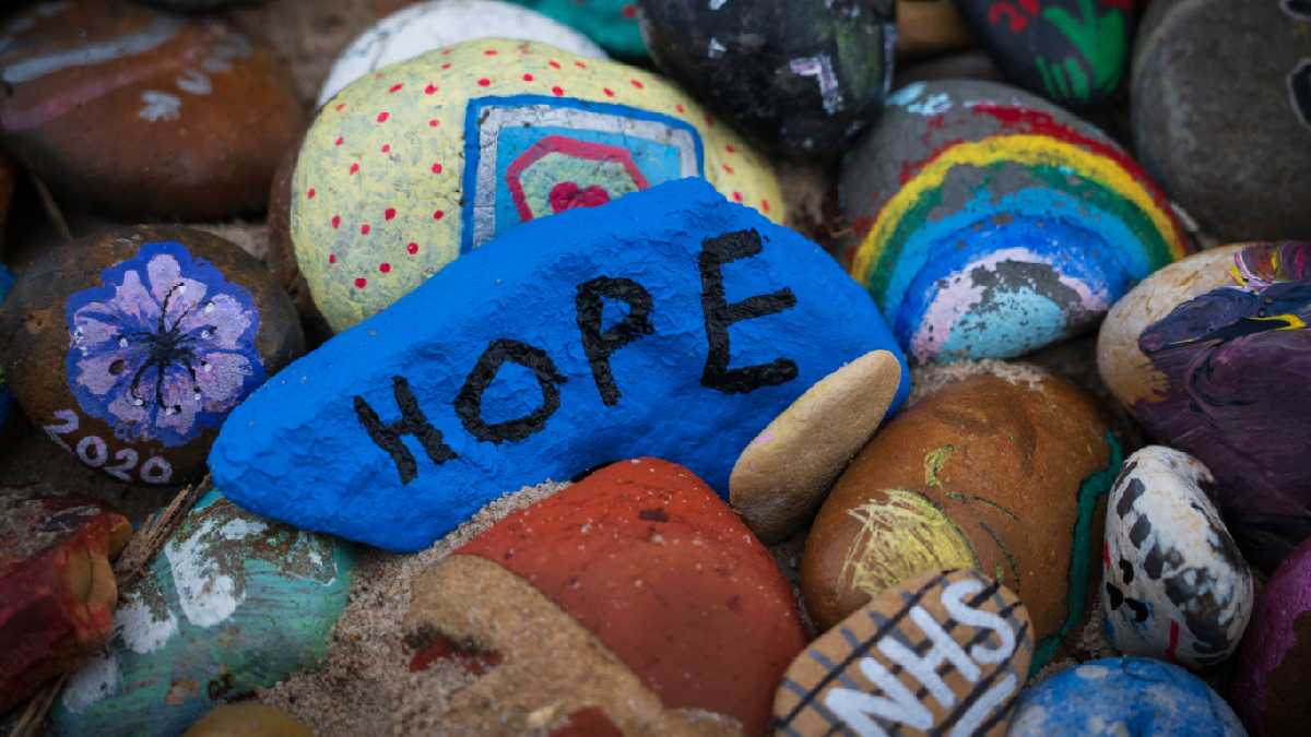 
A rock with the word hope written on it that pertains to keeping a positive outlook during Covid-19.
