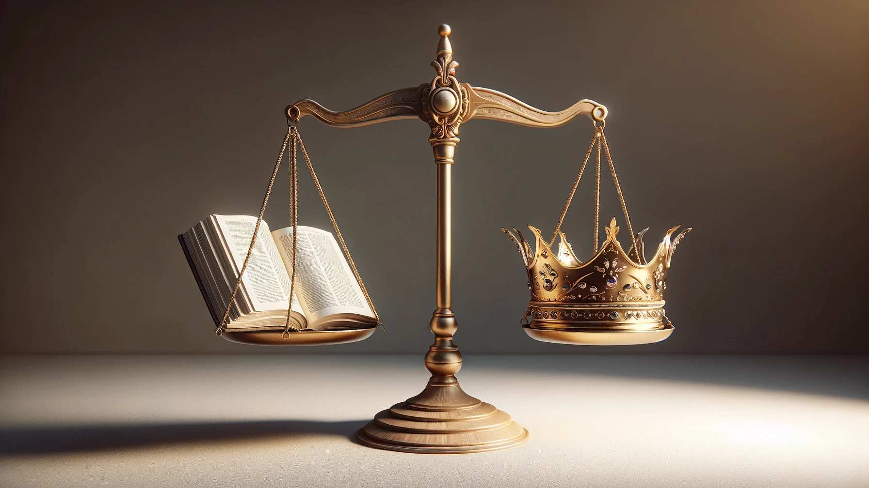 
a scale with an open book symbolizing intellectual humility on one side and a golden crown on the other representing arrogance

