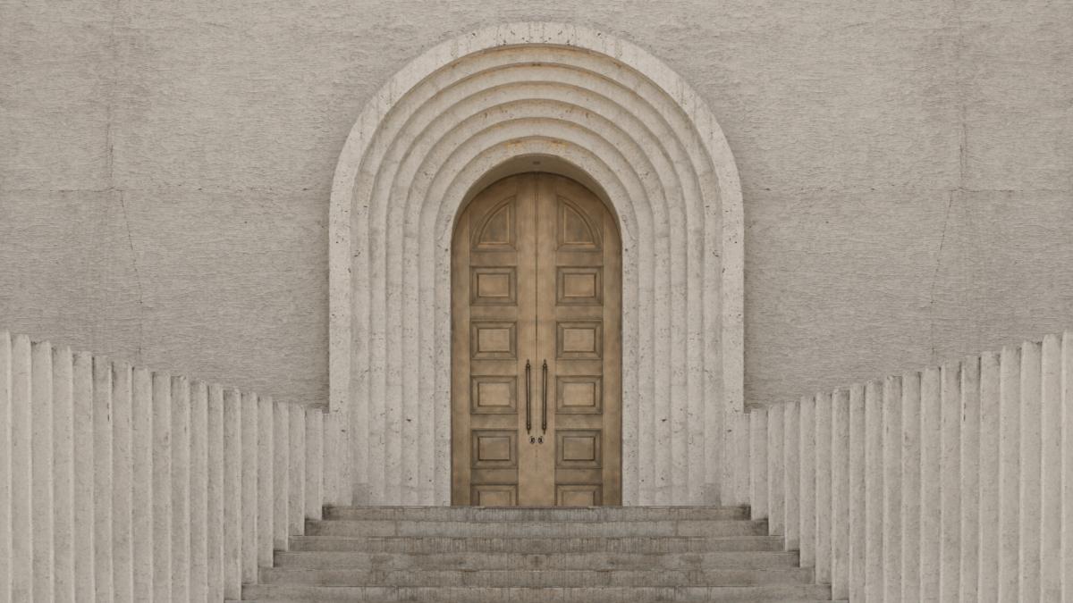 
a symmetrical brown wooden door and a flight of stairs
